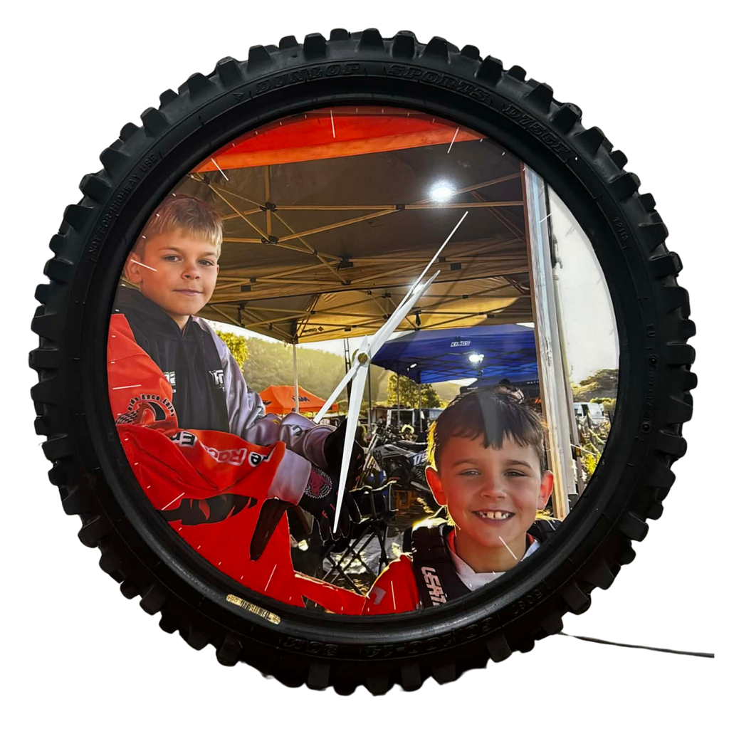 Handmade 65cc front tyre print – upcycled motocross wall art by Moto Tread Designs