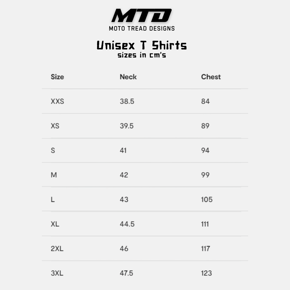 Moto Tread Design Unisex shirt sizing chart