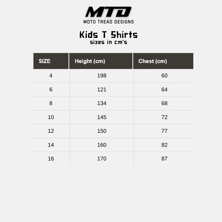Moto Tread Designs Kids T-Shirts Size chart